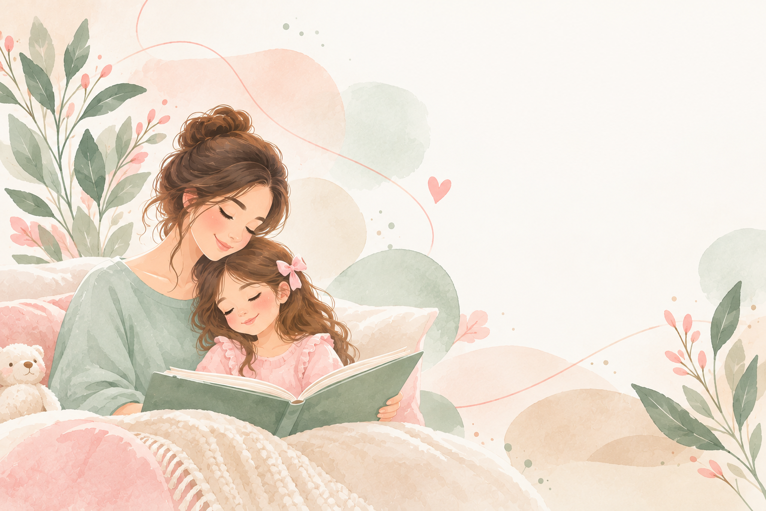 رسم مائي لأم تحتضن طفلتها أثناء قراءة كتاب بألوان الأخضر الفاتح والوردي والبيج